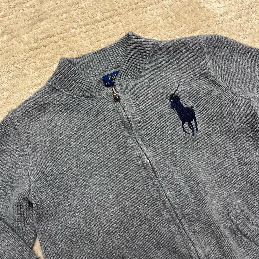 Polo Ralph Lauren Boys Gray Knit Full-Zip Big Pony Sweater Size 7